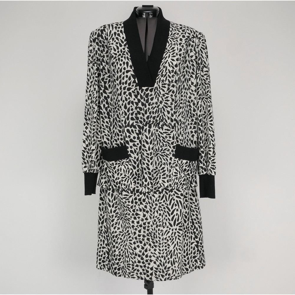 VTG Averardo Bessi Skirt Suit 12 Botanical Arabesque Wool Silk Monochrome Italy